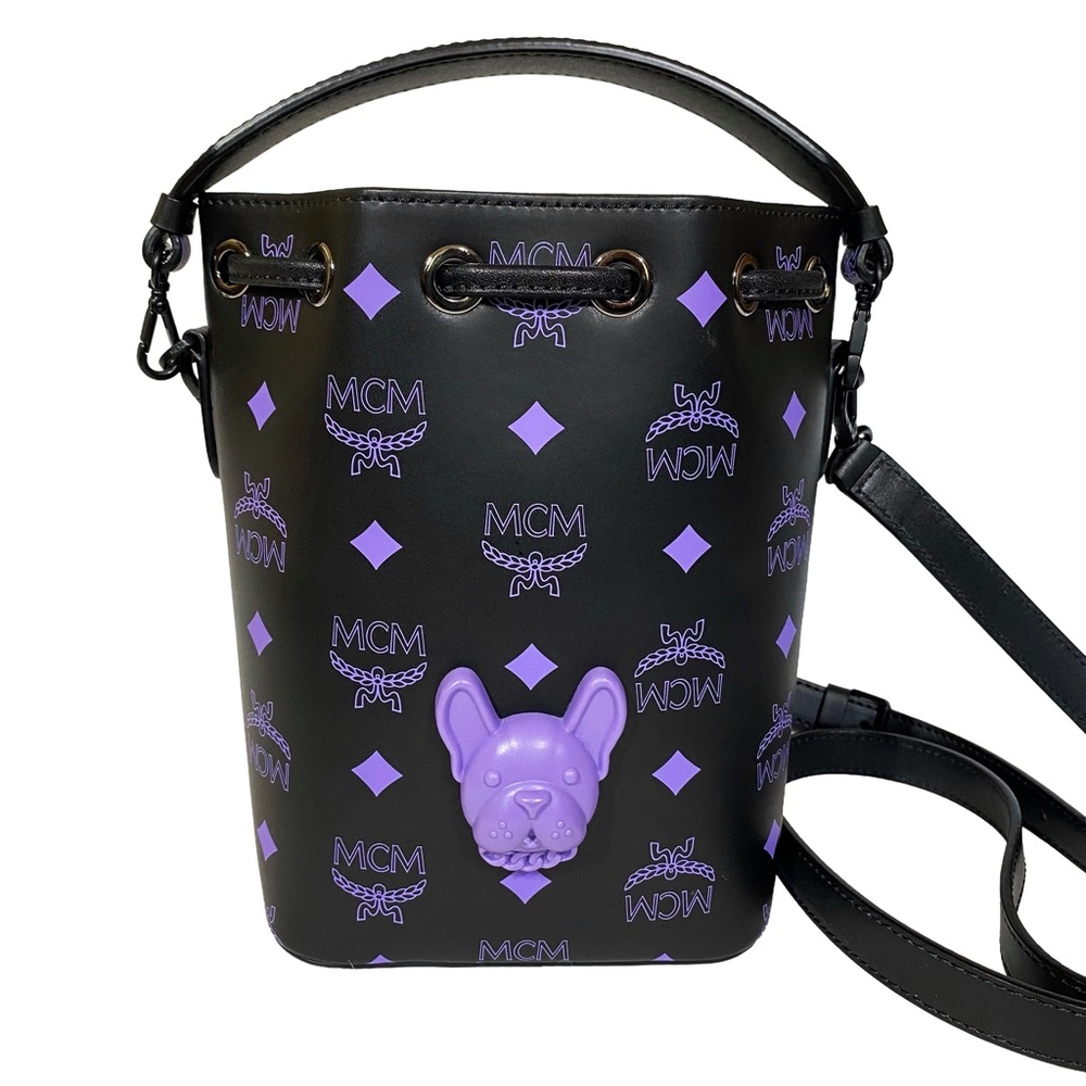 MCM M Pup Leather Drawstring Mini Bucket Bag in Black with Purple French Bulldog